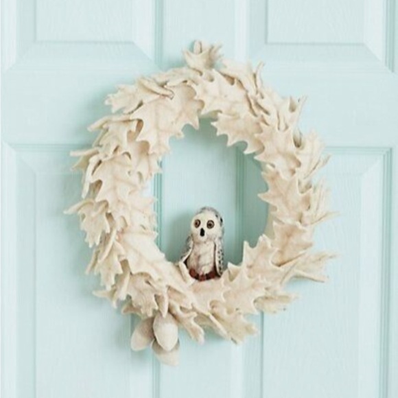 Anthropologie Wreath FELTED OWL Leaves Holiday Wool Neutral Ivory 14